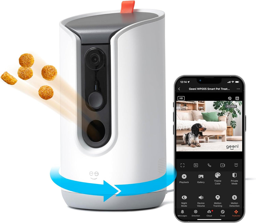 Pet Treat Dispenser with Camera - 2K HD Wifi Enabled, Dog and Cat Automatic Smart Feeder, Two-Way Audio, Night Vision, Auto-Follow, Remote Access with App, Alexa and Google Compatible, White