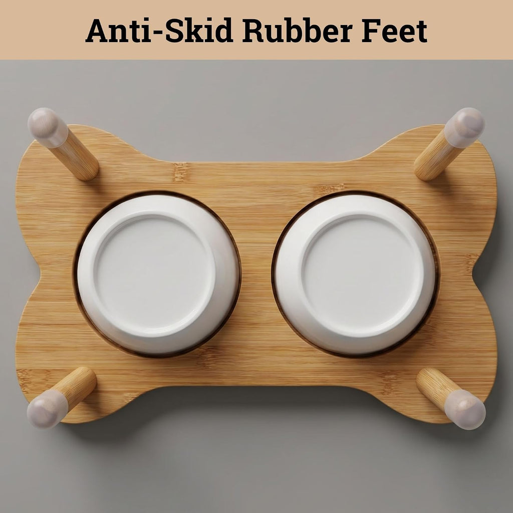 Elevated Dog Bowls for Small Dogs, Set of 2 Ceramic Dog Bowls with Stand | Screw-In Bamboo Legs, Pre-Drilled Holes, Anti-Slip Bamboo Stand, Easy to Assemble, Set of 2 Dog Bowls for Dogs up to 20 Lbs