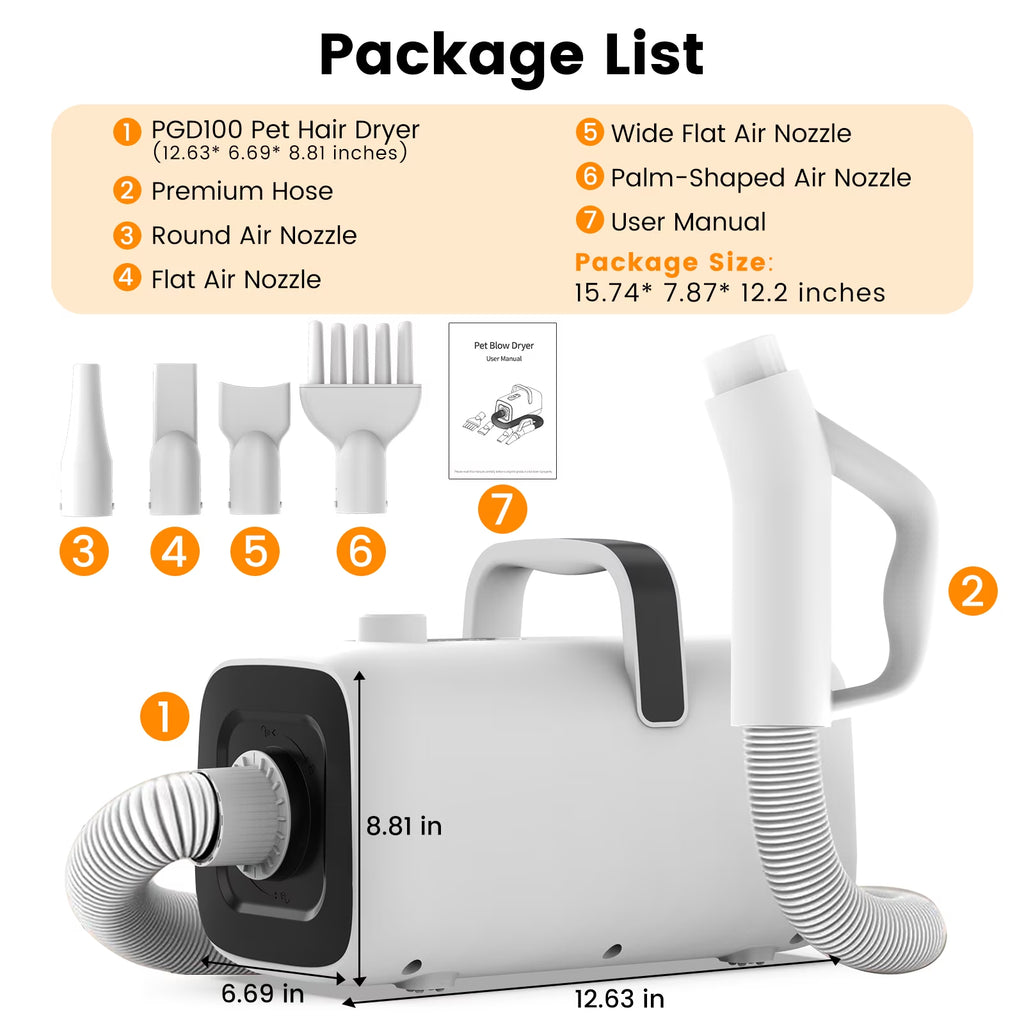 Dog Blower Pet Hair Dryer with Adjustable Speed Temperature, Large Dog Hair Grooming Blower after Bath Swimming, Heating Blower with 4 Nozzles