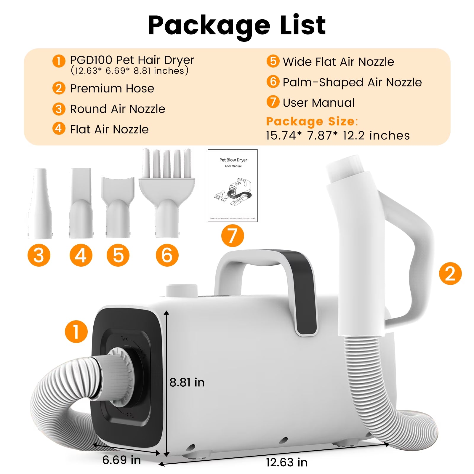 Dog Blower Pet Hair Dryer with Adjustable Speed Temperature, Large Dog Hair Grooming Blower after Bath Swimming, Heating Blower with 4 Nozzles
