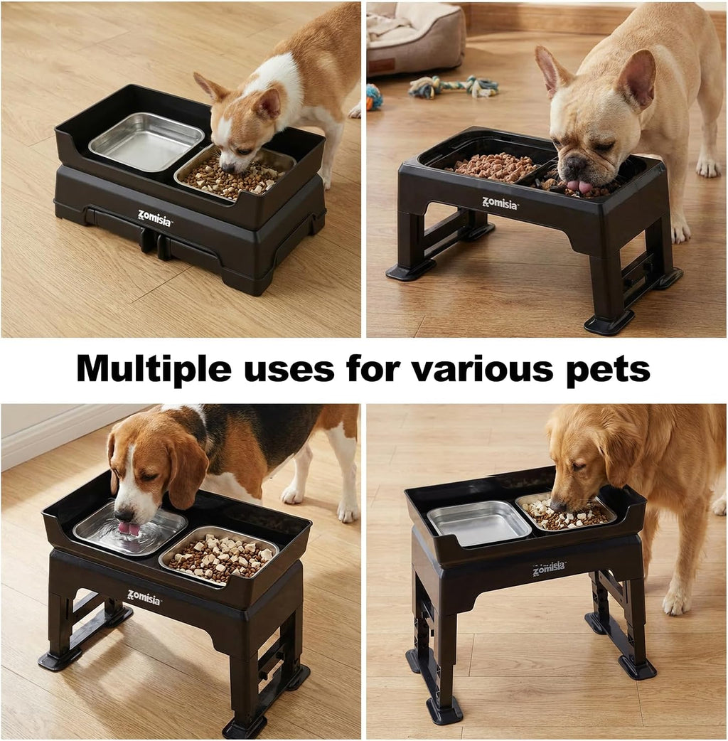 3-In-1 Elevated Dog Bowls - 6 Height Adjustable Raised Dog Bowl Stand, Double Deck Design Mess Proof, Feeding Station with 2 Stainless Steel Bowls & Licking Plate for Small Medium Large Pets