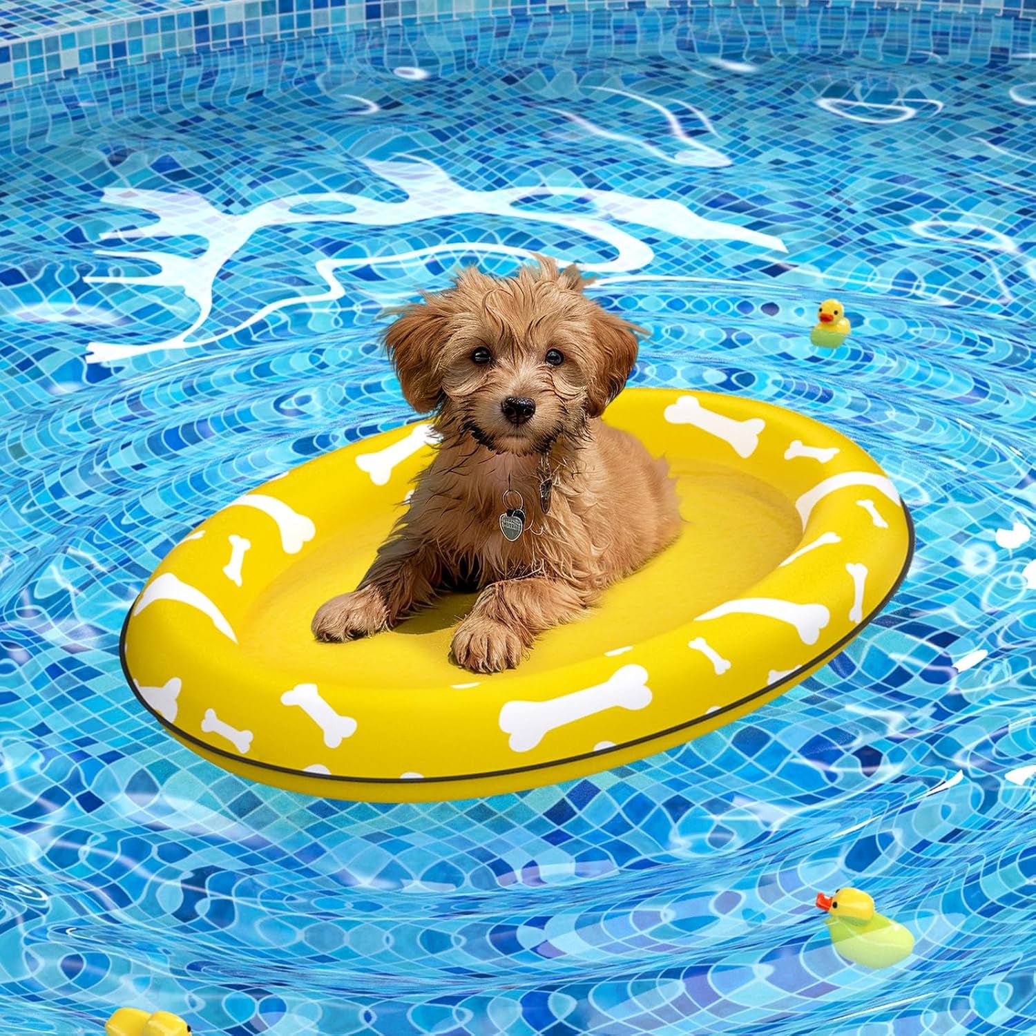 Dog Float Raft - Inflatable Dog Swimming Float for Summer (Small, Yellow Bones)