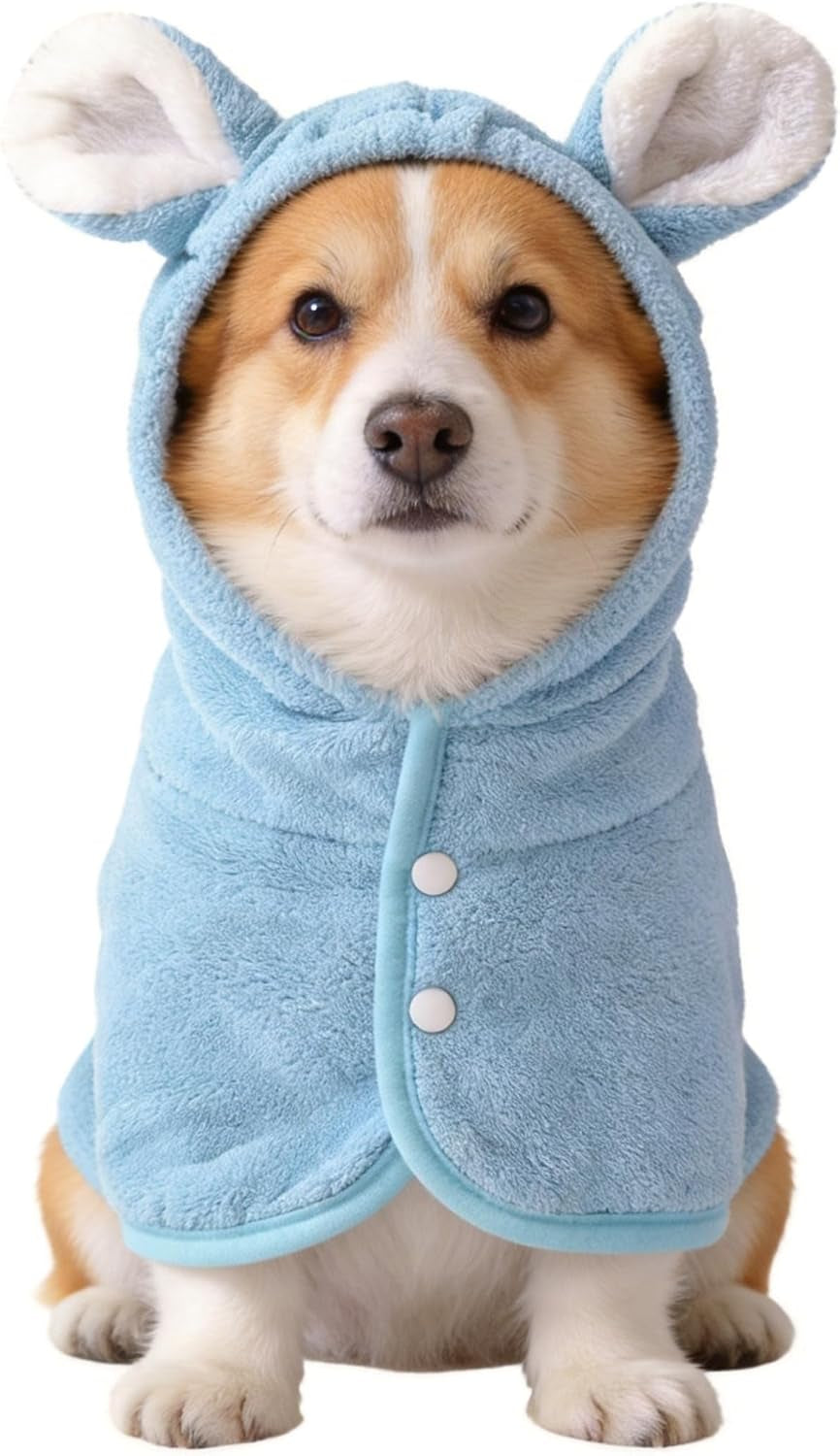 Pet Bathrobe for Dog Cat Absorbent Quick Drying Hooded Bath Towel | Adjustable Bath Robe for Pool Beach Cold Weather,Blue L