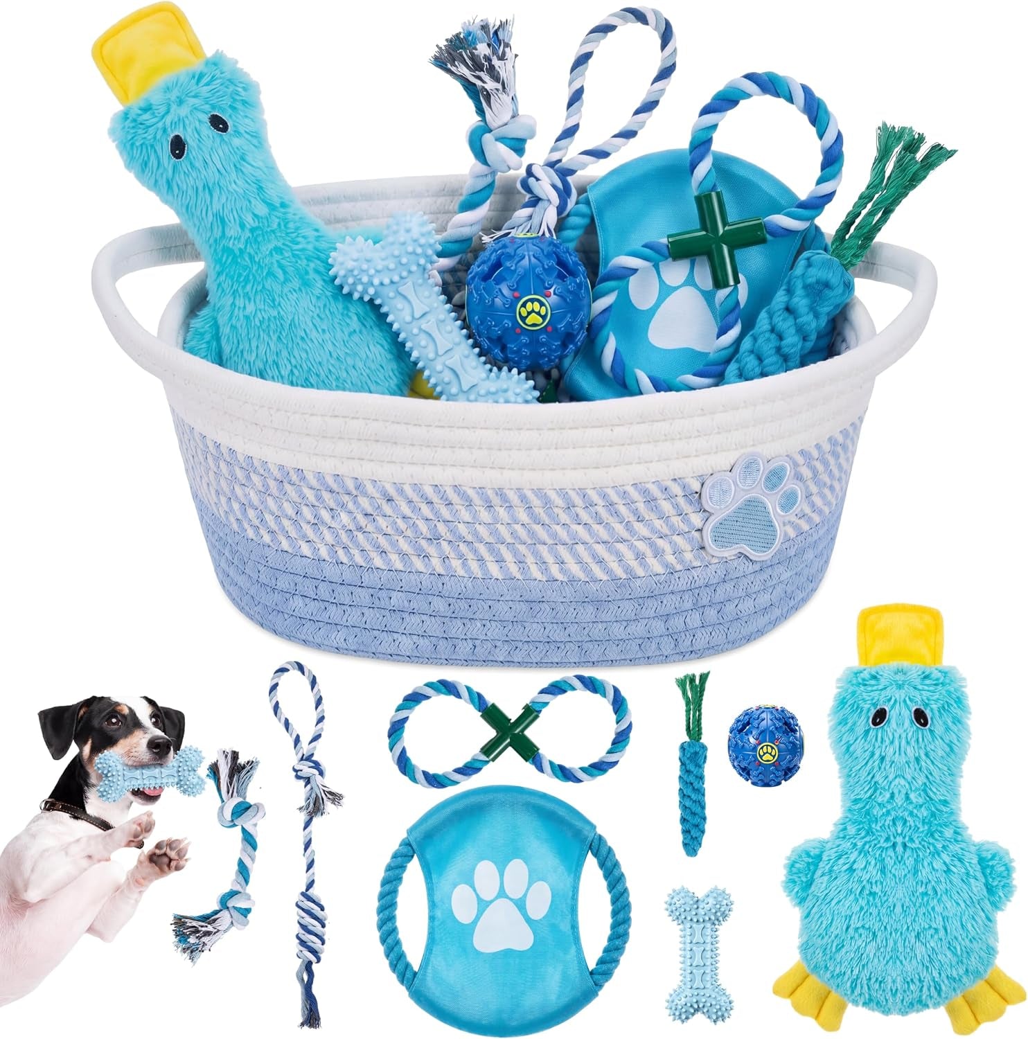Puppy Dog Toy Gift Storage Basket with Dog Toys Set Chew Toys Birthday Gift Basket Teething Interactive Squeaky Duck for Teething Small Medium Large Dogs(Pink)