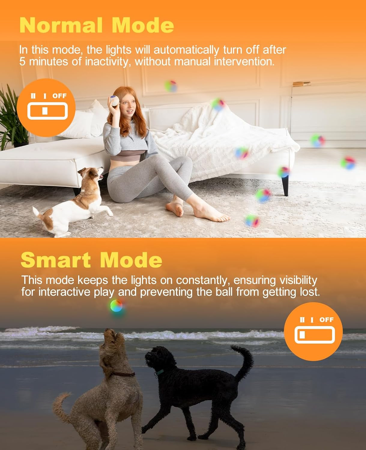 Light up Dog Balls, LED Dog Toy Ball Rechargeable, Bounce-Activated Durable Fetch Ball Grow in the Dark, Night Glowing Toy, Natural Rubber, Color Changing LED, 2.5 Inches-Orange