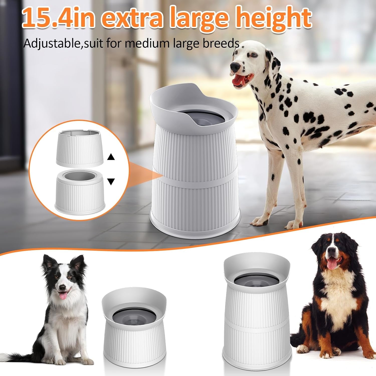 15.4In High Elevated Dog Water Bowls,4.4L No Spill Stainless Steel Bowl | Adjustable Raised Stand,Non-Tip,Non-Slip, Water Dispenser for Large Medium Pets
