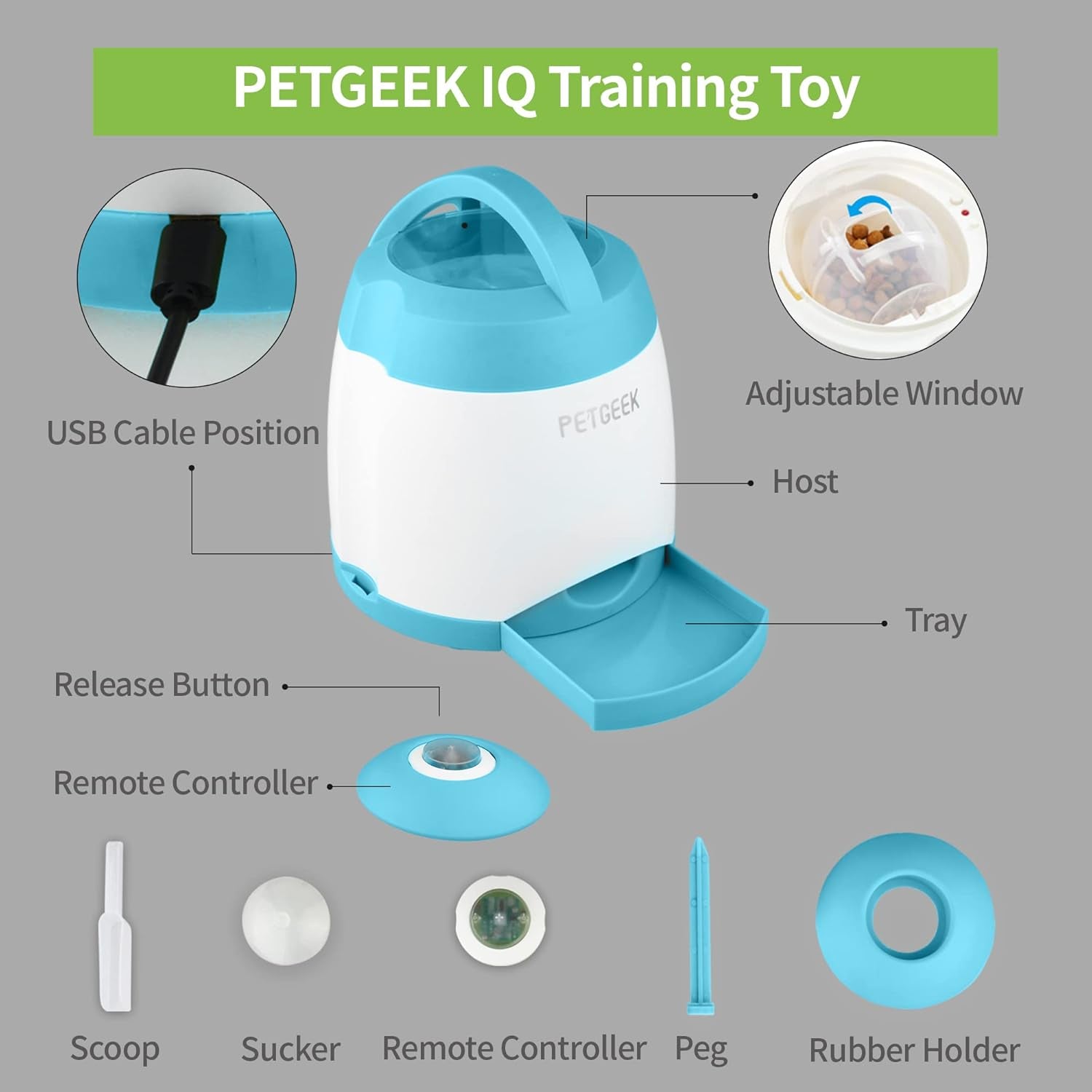 Automatic Dog Treat Dispenser, Interactive Pet Toy Food Dispensing for IQ Training, Dog Food Dispenser with Button Remote Push, Dual Power Supply for Indoor Outdoor Use, Blue