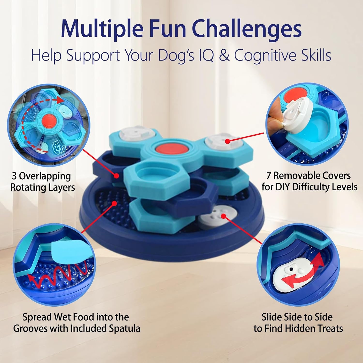 Slow Feeder Puzzle Dog Bowl, 4-Layer Rotating Interactive Pet Feeder with 7 Removable Covers, Silicone Spatula & Non-Slip Base, Blue