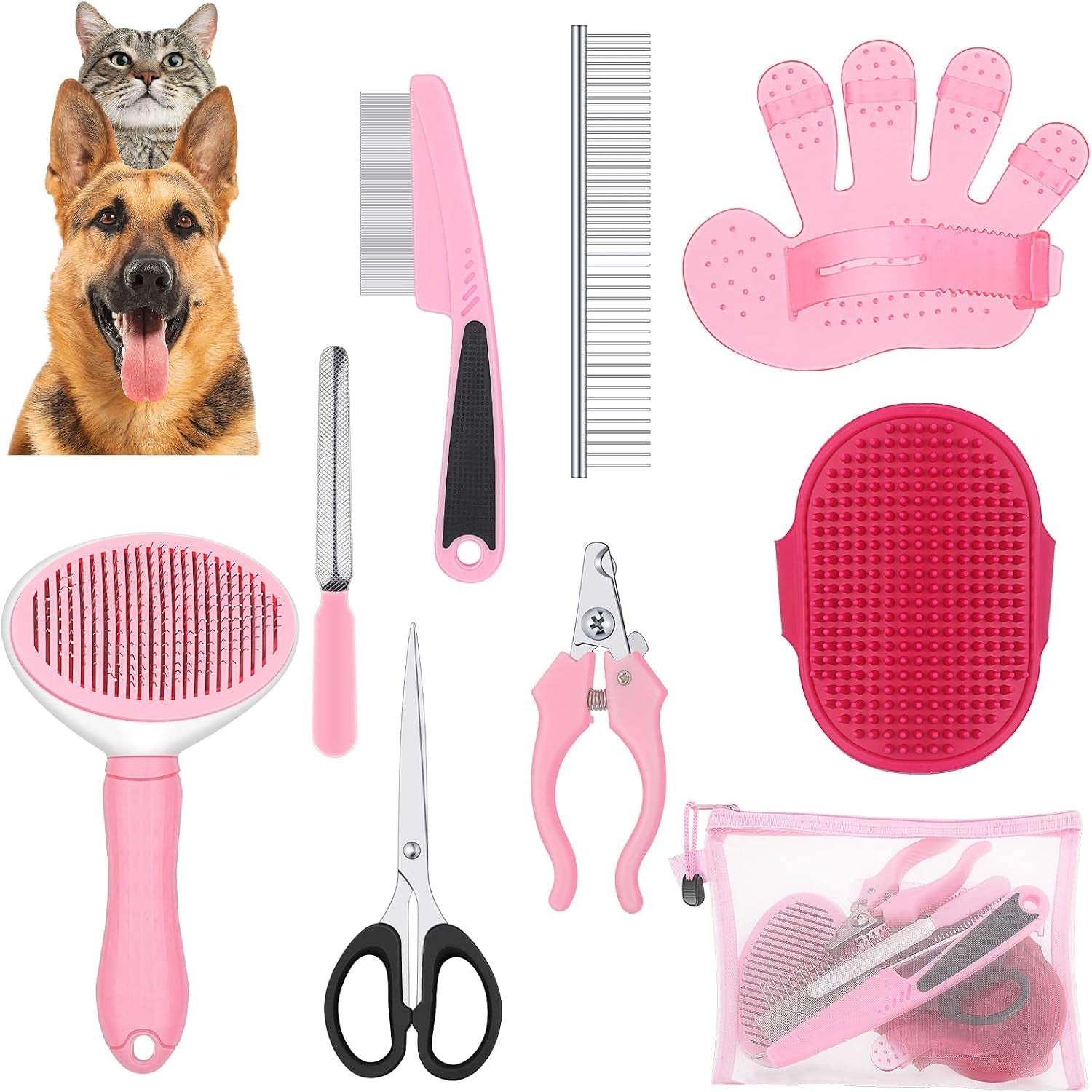 Dog Brush Grooming Kit 9 Pcs Kit with Pet Nail Clipper and File Cat Grooming Deshedding Undercoat Rake Comb for All Breeds Sizes Promotes Healthy Skin Coat(Fresh Color)