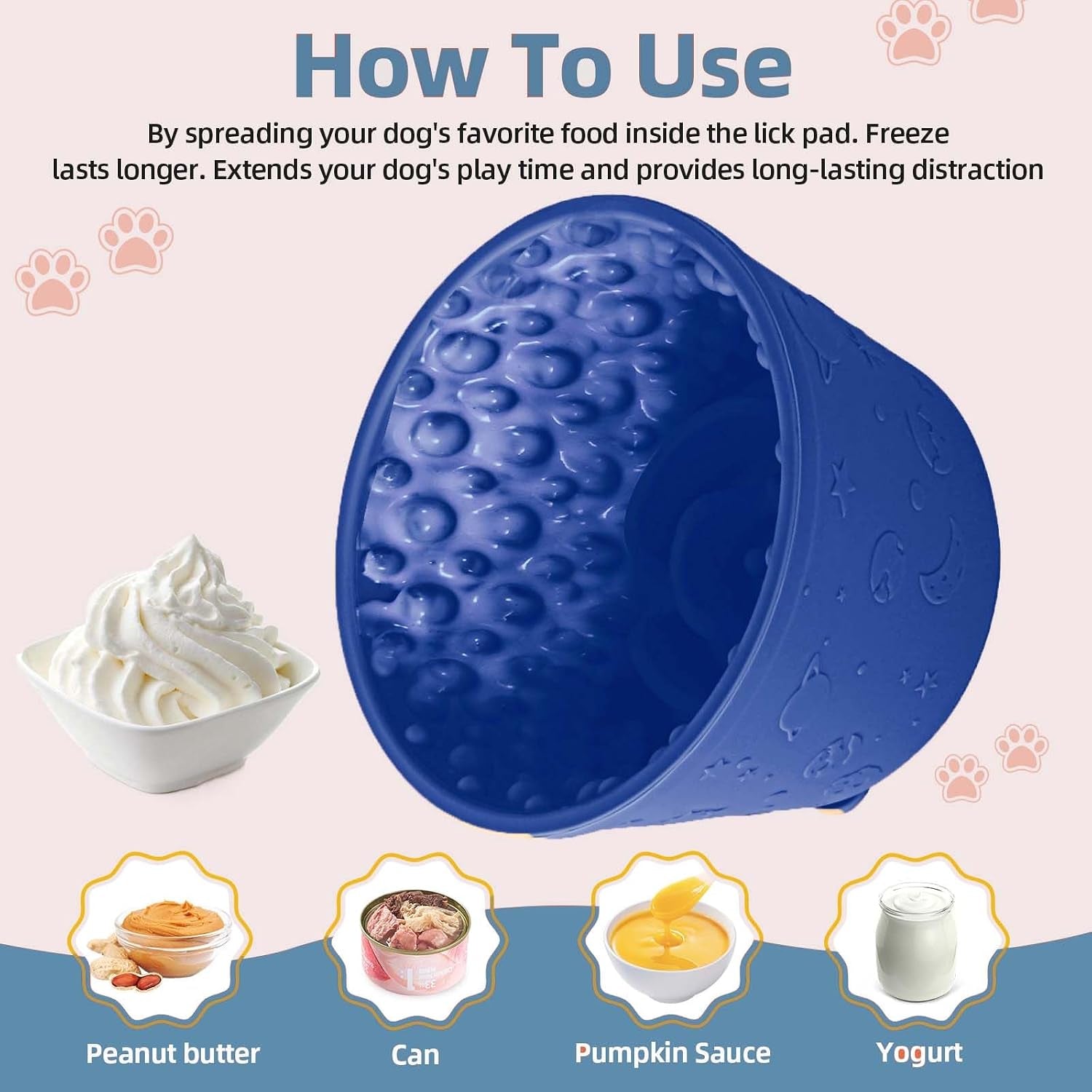 Dog Slow Feeder Lick Bowl, Non-Slip Dog Licking Treat Dispenser, Slow Feeder Bowls for Small Medium Large Breed Dogs, Anxiety Relief & Anti-Choking, BPA Free Silicone (Dark Blue, 1.6 Cup)