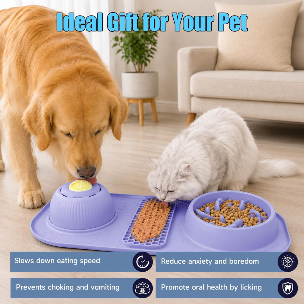 Dog Lick Bowl with Rolling Ball, 3 in 1 Slow Feeder Dog Bowls, Bone Broth Dog Licking Bowl with Lick Mat & Interactive Rolling Ball, Non-Slip Dog Enrichment Toy for Small Medium Large Breed