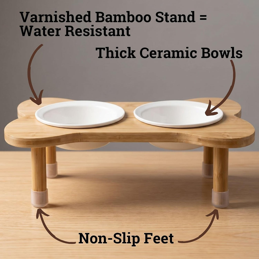 Elevated Dog Bowls for Small Dogs, Set of 2 Ceramic Dog Bowls with Stand | Screw-In Bamboo Legs, Pre-Drilled Holes, Anti-Slip Bamboo Stand, Easy to Assemble, Set of 2 Dog Bowls for Dogs up to 20 Lbs