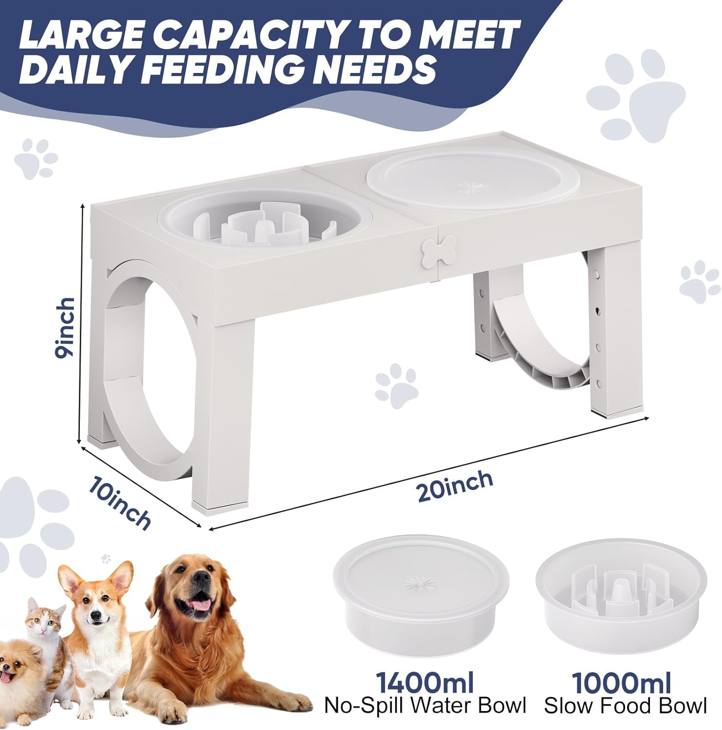 Elevated Dog Bowls Large Breed Raised Dogs Bowl Stand Large/Medium Sized Dog Slow Feeder Dogs Bowls Food Water Stands 5 Heights Adjustable 9/11/12/14In Pet Feeder Dish Station