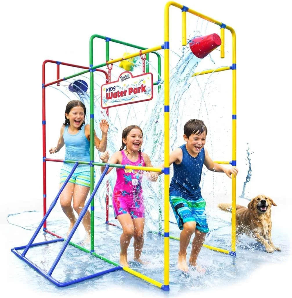 Backyard Waterpark Sprinkler 77" Water Toy for Kids, Outdoor Fun Water Play with Dump Buckets for a Family Splash Wheel Water Toys for Backyard