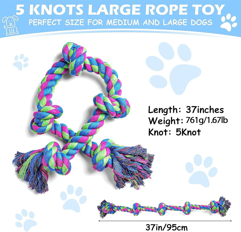 Dog Rope Toys for Large Breed Aggressive Chewers, 37-Inch 5 Knots Indestructible Teeth Cleaning Tug of War Toy，Natural Cotton Tough Premium Rope Toys for Boredom