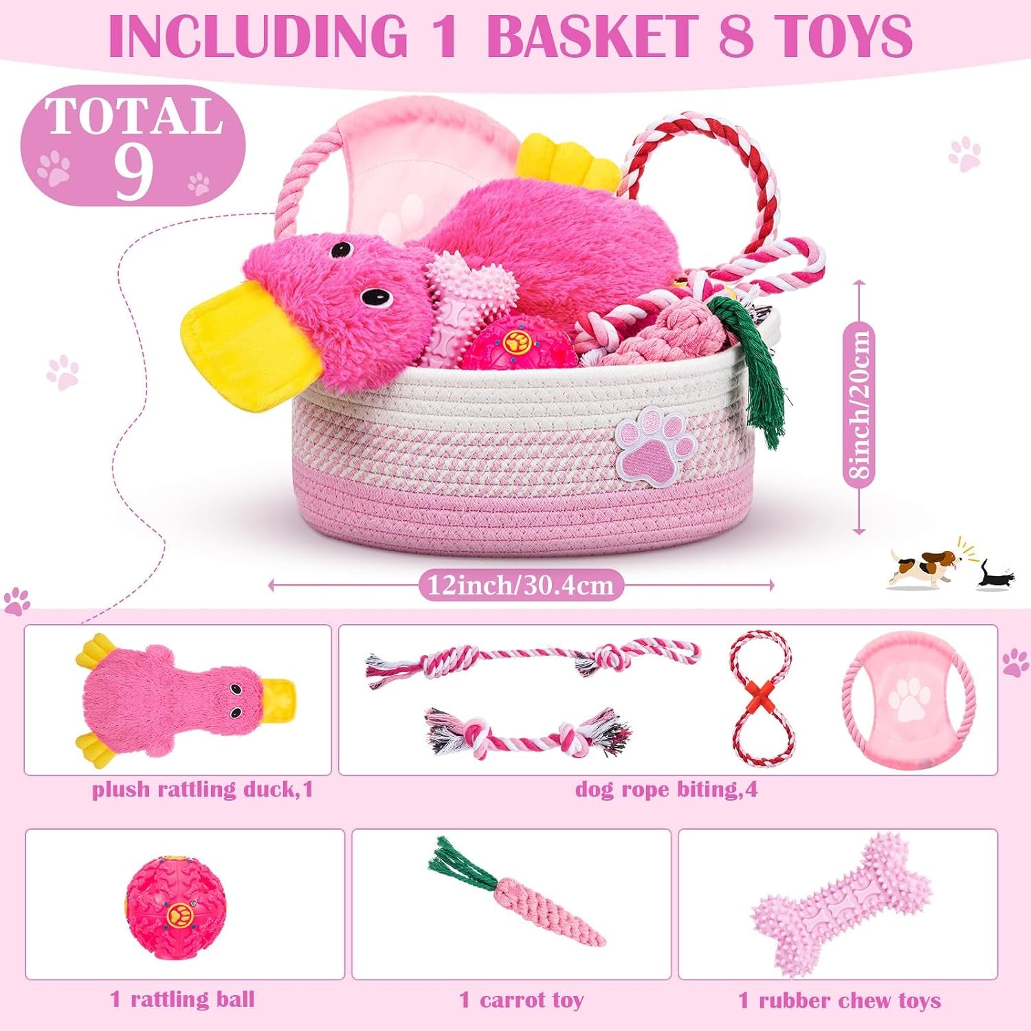 Puppy Dog Toy Gift Storage Basket with Dog Toys Set Chew Toys Birthday Gift Basket Teething Interactive Squeaky Duck for Teething Small Medium Large Dogs(Pink)