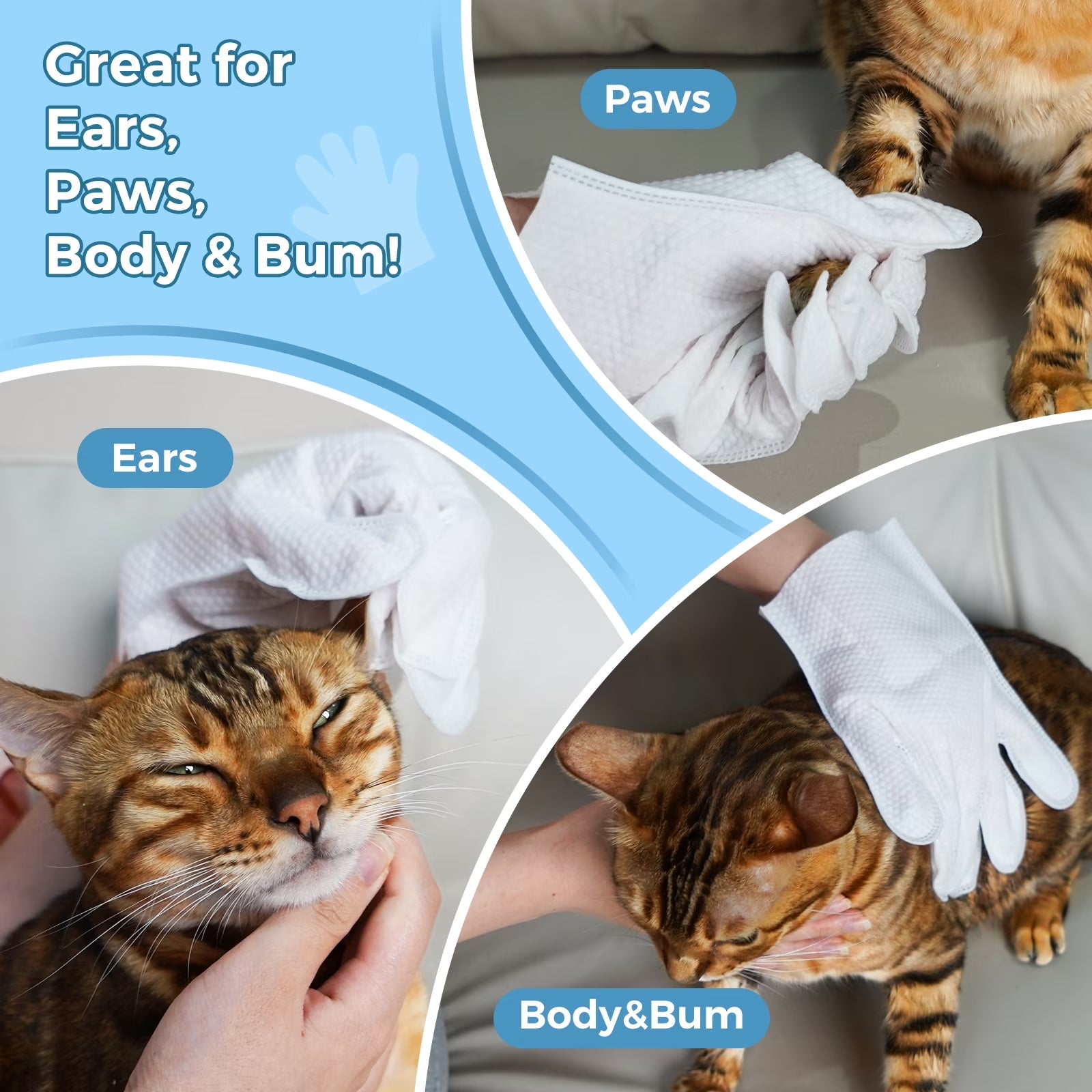 Pet Glove Wipes for Dogs & Cats, Extra Thick Rinse Free Dog Wipes, Unscented, 5 Pack, 30 PCS