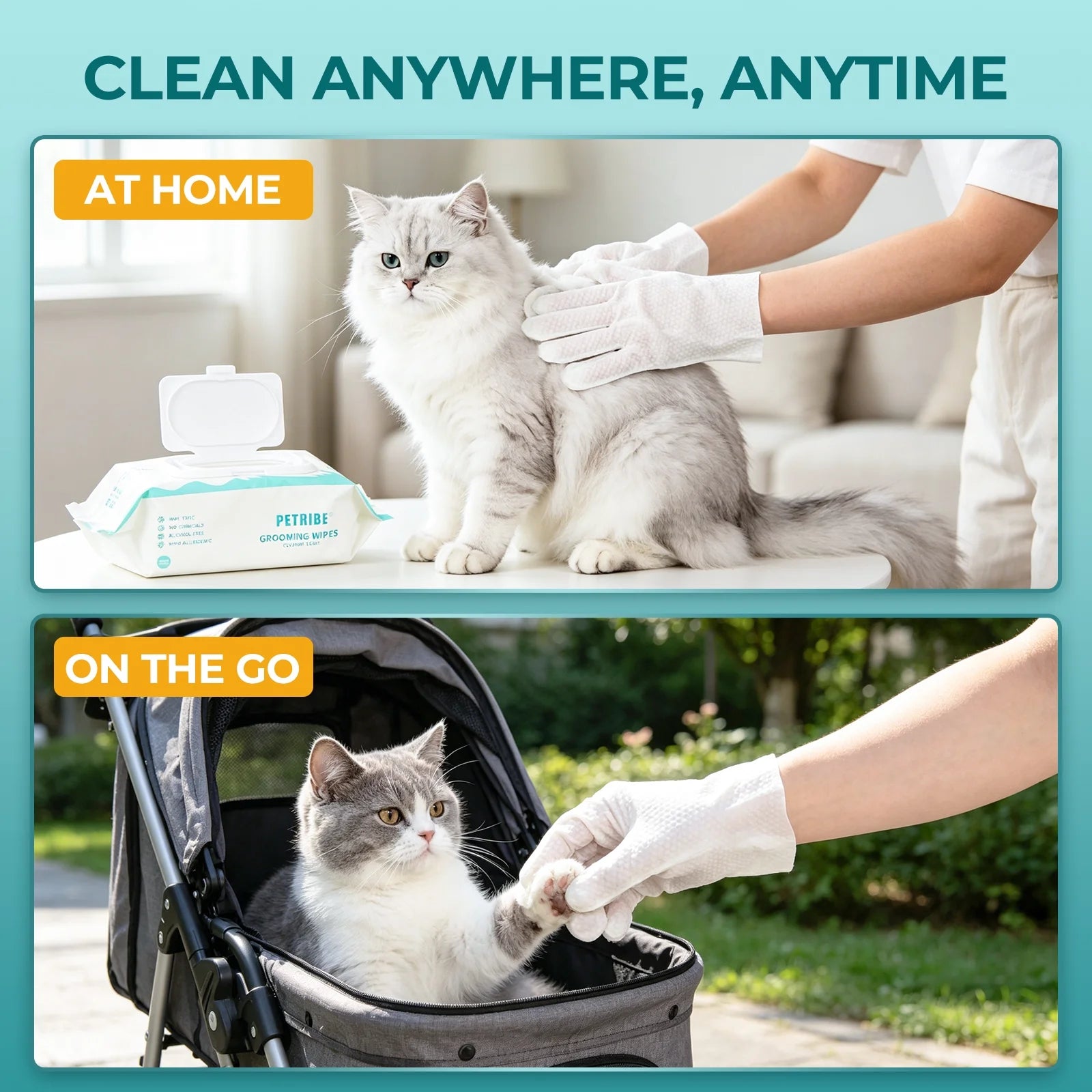 Dog Wipes Cleaning Deodorizing Glove Wipes for Dogs & Cats, 48 Pcs, Coconut Scent, Hypoallergenic Hydrating & Nourish Fur Pet Grooming Glove Wipes, Daily Care & Traveling