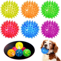 Colorful spiky balls with a dog holding a blue ball.