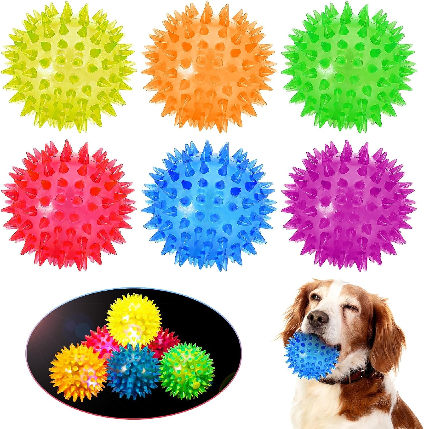Colorful spiky balls with a dog holding a blue ball.