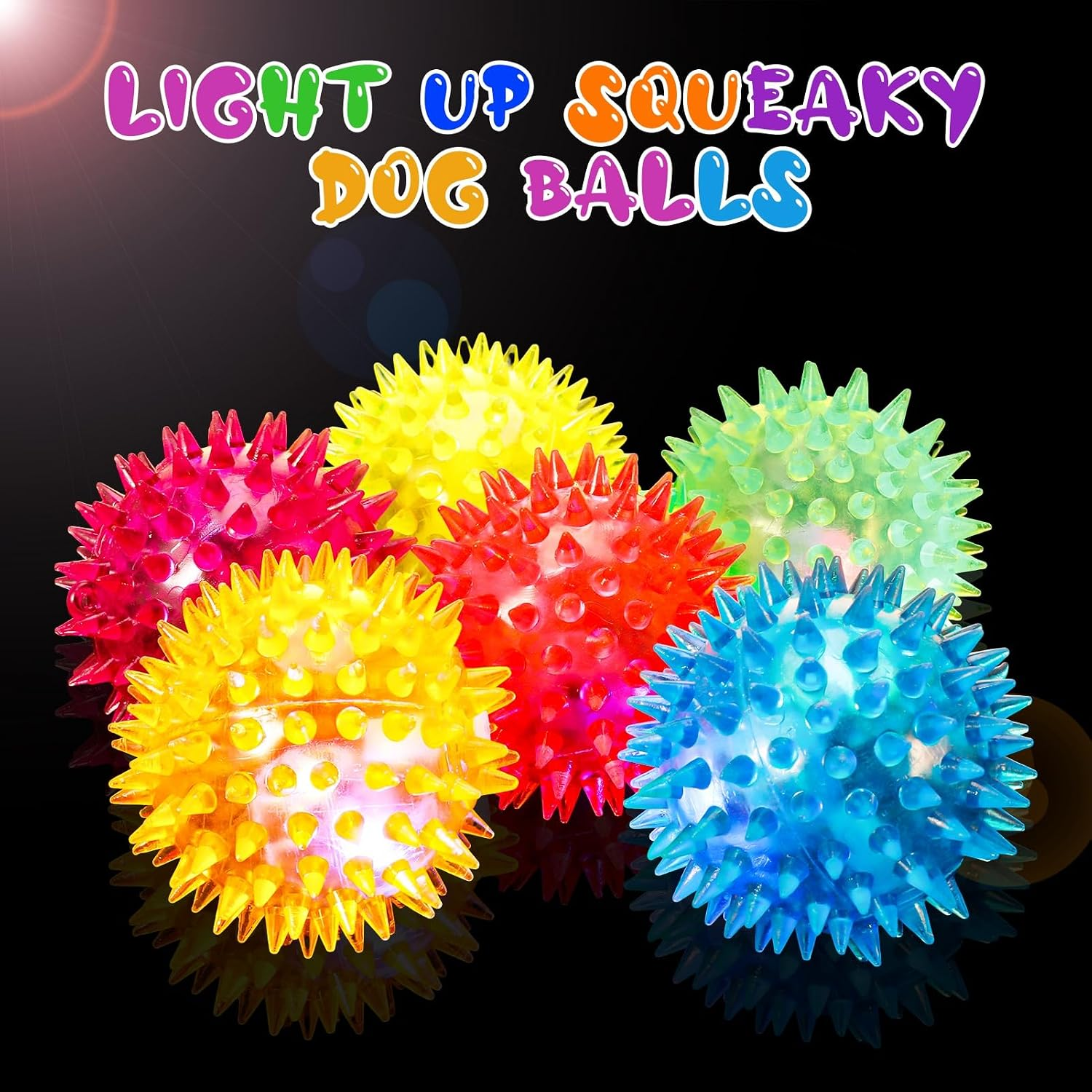 Colorful light-up squeaky dog balls on a black background with text 'Light Up Squeaky Dog Balls'.