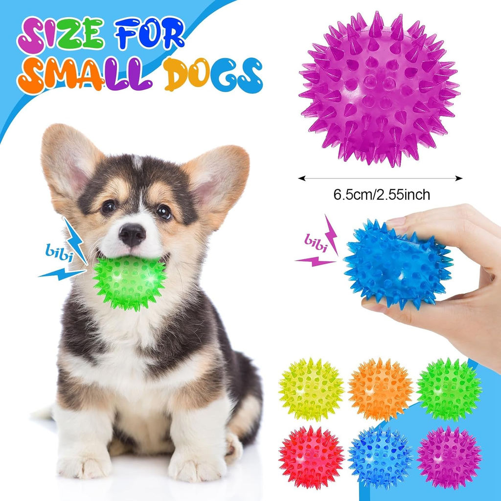 Dog playing with a green ball, surrounded by colorful spiky balls with text indicating size for small dogs.