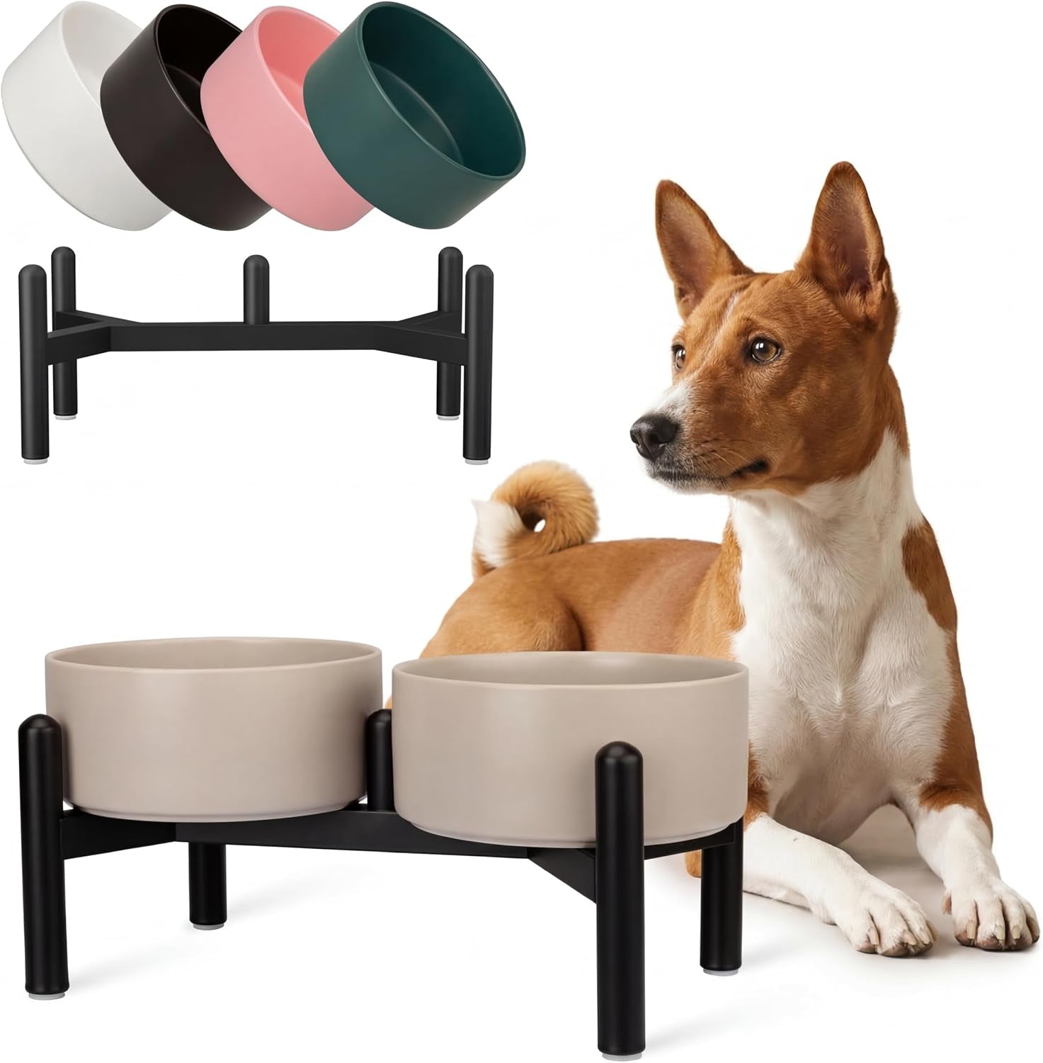 Raised Ceramic Dog Bowl Set with Stand, 3.5 Cups Elevated Dog Food Stand | 6.1'' Double Dog Food and Water Bowl Set, Non-Slip Dog Feeding Dishes for Small to Medium Breeds, 29.57 OZ, White