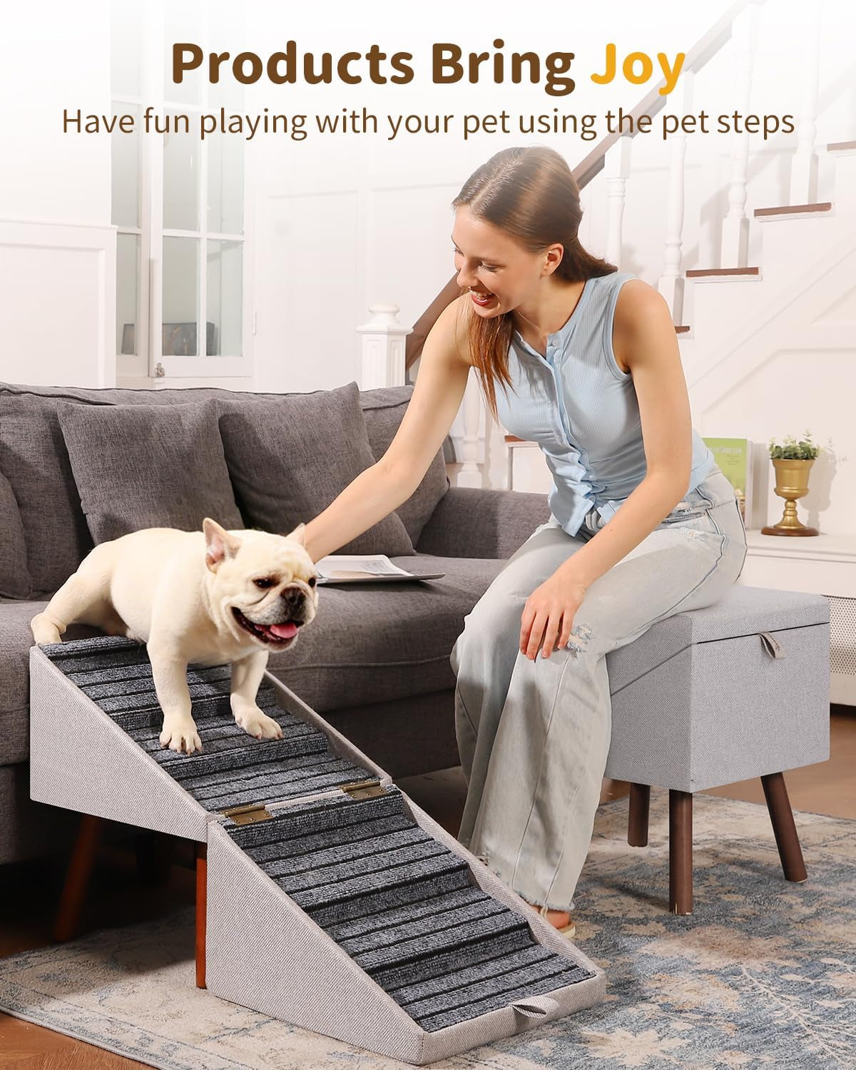 2-In-1 Foldable Ottoman Dog Ramp for Couch(6-Steps) | Convertible Folding Dog Stairs for Couch and Bed,Non-Slip Wooden Pet Stairs for Puppy Senior Injured Dogs