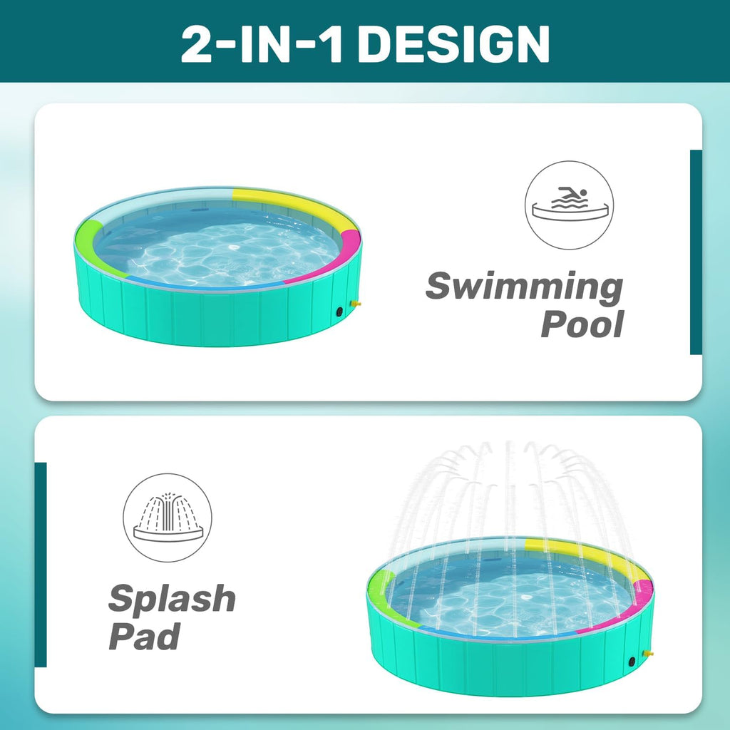 Foldable Dog Pool with Sprinkler for Large Dogs, Portable Hard Plastic PVC Pet Bathing Tub, Outdoor Collapsible Swimming Pool for Pets, 120'' X 20''