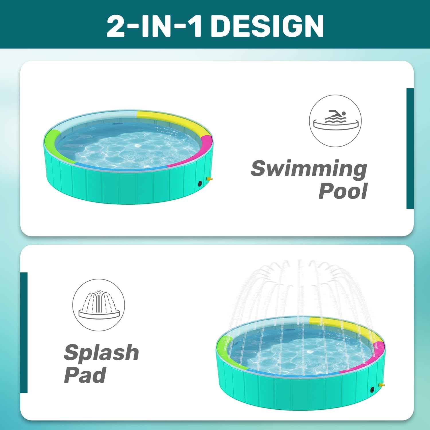 Foldable Dog Pool with Sprinkler for Large Dogs, Portable Hard Plastic PVC Pet Bathing Tub, Outdoor Collapsible Swimming Pool for Pets, 120'' X 20''