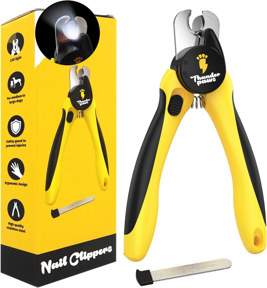 LED Dog Nail Clippers with Light Illumination, Trimmers with Protective Guard, Safety Lock and Nail File - Suitable for Large and Small Dogs & Cats (Yellow)