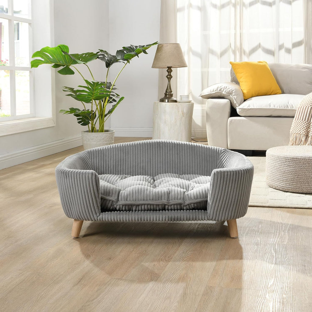 Elroy Orthopedic Dog Bed, Elevated Dog Sofa Bed for Small Dog, Supportive Foam Pet Couch Bed with Wooden Legs, Modern Pet Sofa Bed, Gray