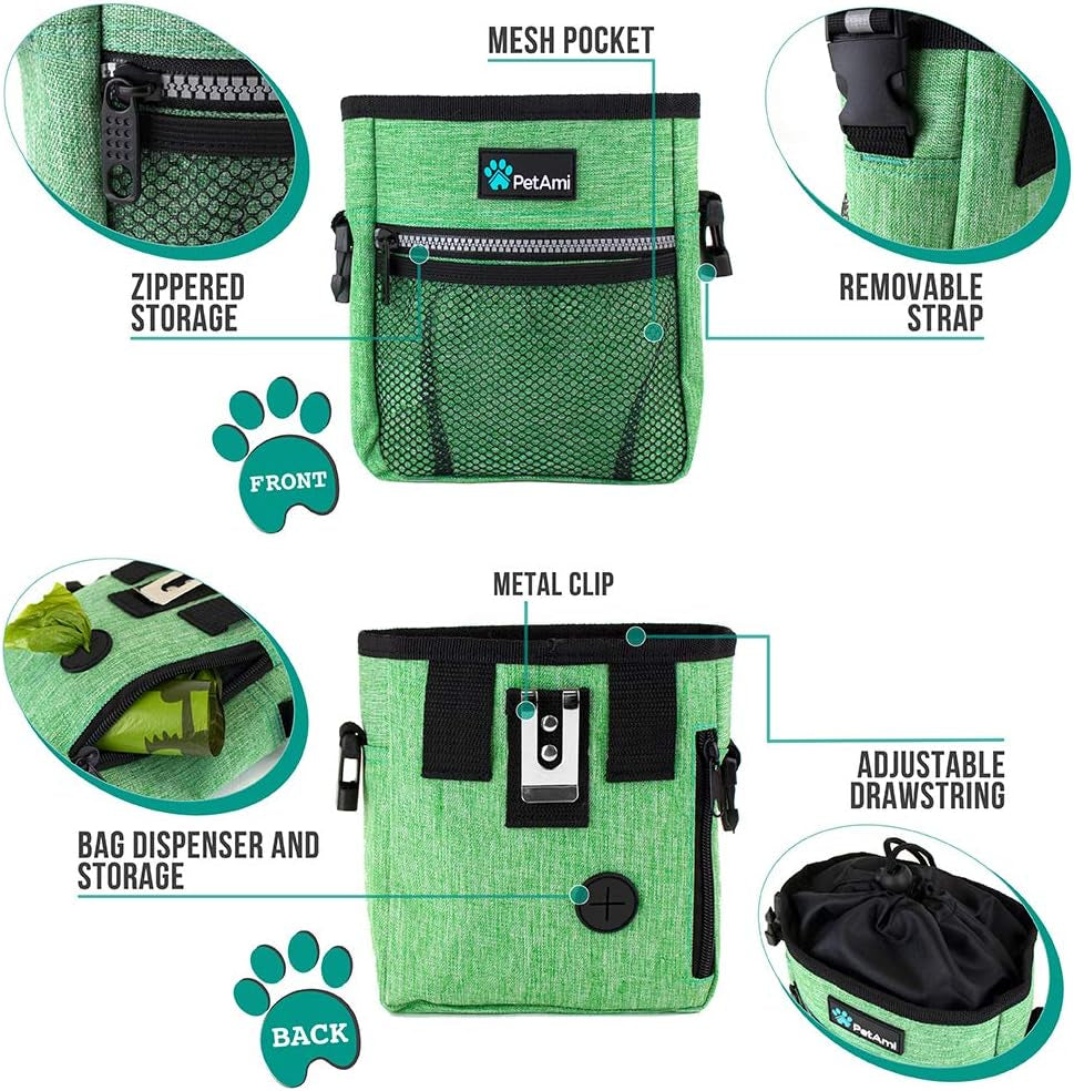 Dog Treat Pouch, Pet Treat Pouch for Training, Dog Walking Bag Holder for Kibbles, Pet Food Toy, Dog Trainer Essentials Supplies, Poop Bag Dispenser, 3 Ways to Wear (Green)