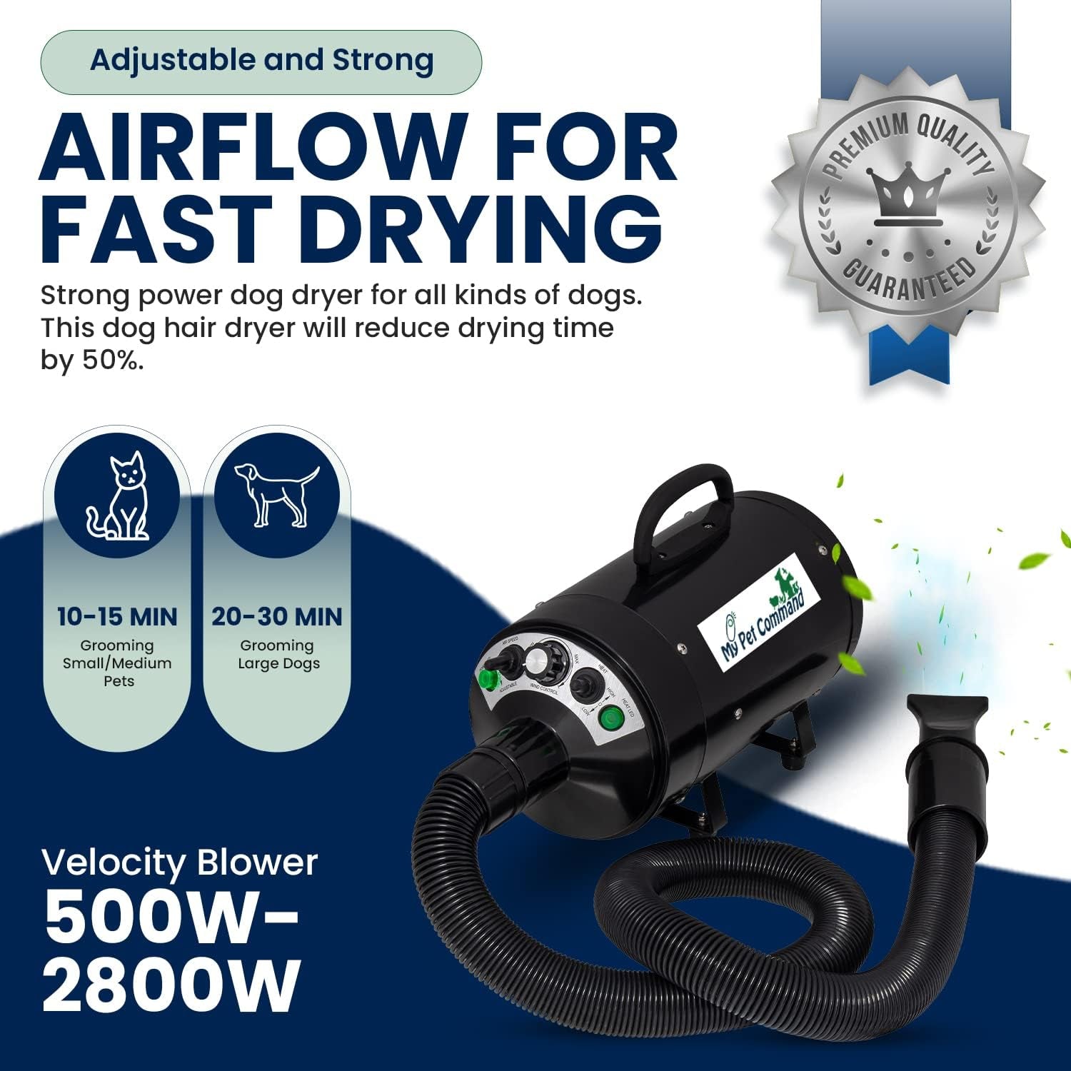 Professional 4.5HP Dog Dryer Blower High Velocity, 110V | 500W-2800W, Ultra Quiet, Adjustable Hot Cold Airflow and Windspeed , for Drying Deshedding, with 4 Nozzles and Slicker Brush