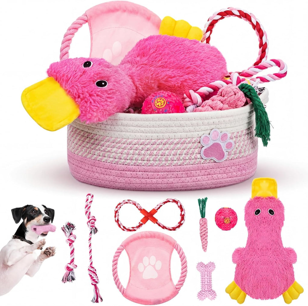 Puppy Dog Toy Gift Storage Basket with Dog Toys Set Chew Toys Birthday Gift Basket Teething Interactive Squeaky Duck for Teething Small Medium Large Dogs(Pink)