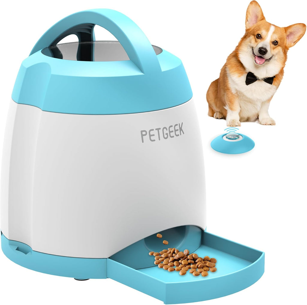 Automatic Dog Treat Dispenser, Interactive Pet Toy Food Dispensing for IQ Training, Dog Food Dispenser with Button Remote Push, Dual Power Supply for Indoor Outdoor Use, Blue