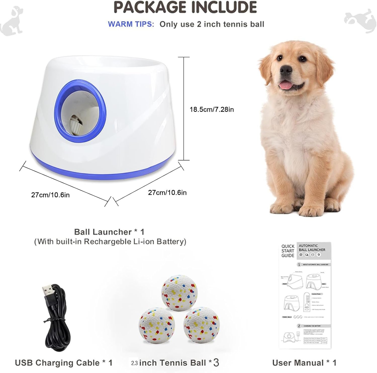 Dog Ball Launcher - Automatic Ball Thrower for Dogs, 3 Adjustable Distance Settings Dog Ball Thrower, Indoor Outdoor Interactive Fetch Machine Dog Toys for Small/Medium Sized Dog