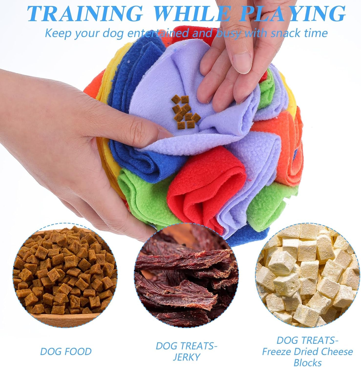 2 Packs Snuffle Ball for Dogs - Sniffle Interactive Treat Ball, Stress Relief, Slow Feeder, Puzzle Toy for Small Medium Dogs Cats, Soft Polar Fleece, Rainbow & Ocean Blue, 5.9 Inches