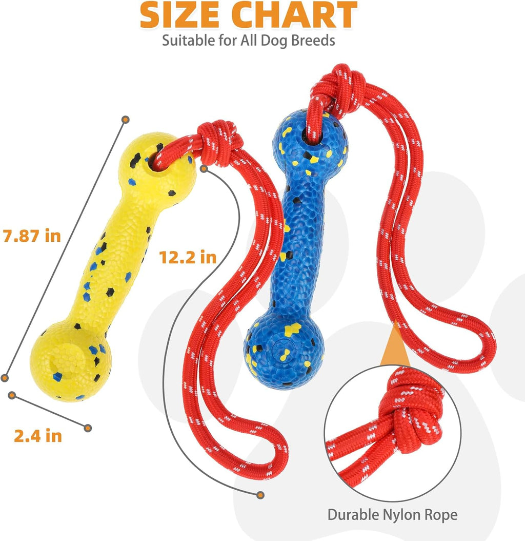Floating Dog Pool Toys, Tough Interactive Water Fetch Bumpers with Durable Rope for Small Medium Large Dogs, 2 Pack Bright Dog Chew Toys Summer Outdoor Training Teething, Yellow&Blue