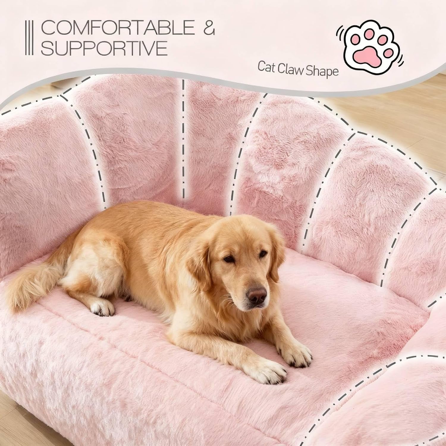 Dog Sofa Couch Bed with Faux Fur Fabric, 51" Floral Shaped Pet Sofa for Large Dogs up to 130BLS