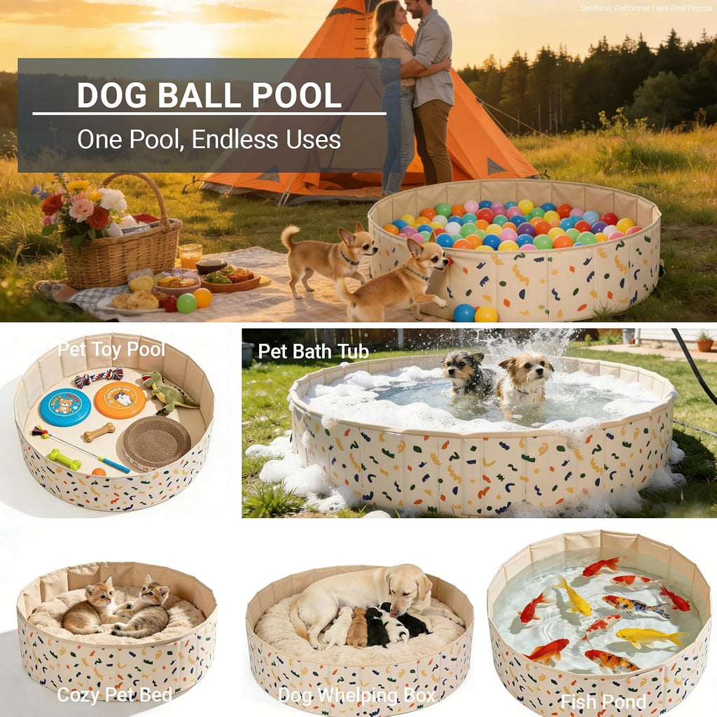 Foldable Dog Ball Pit with 64 Balls Included & Dog Pool, Portable Multifunctional Ball Pit for Dogs & Cats, Anti-Collapse Non-Slip Pet Play Pool (Beige S+64 Balls)