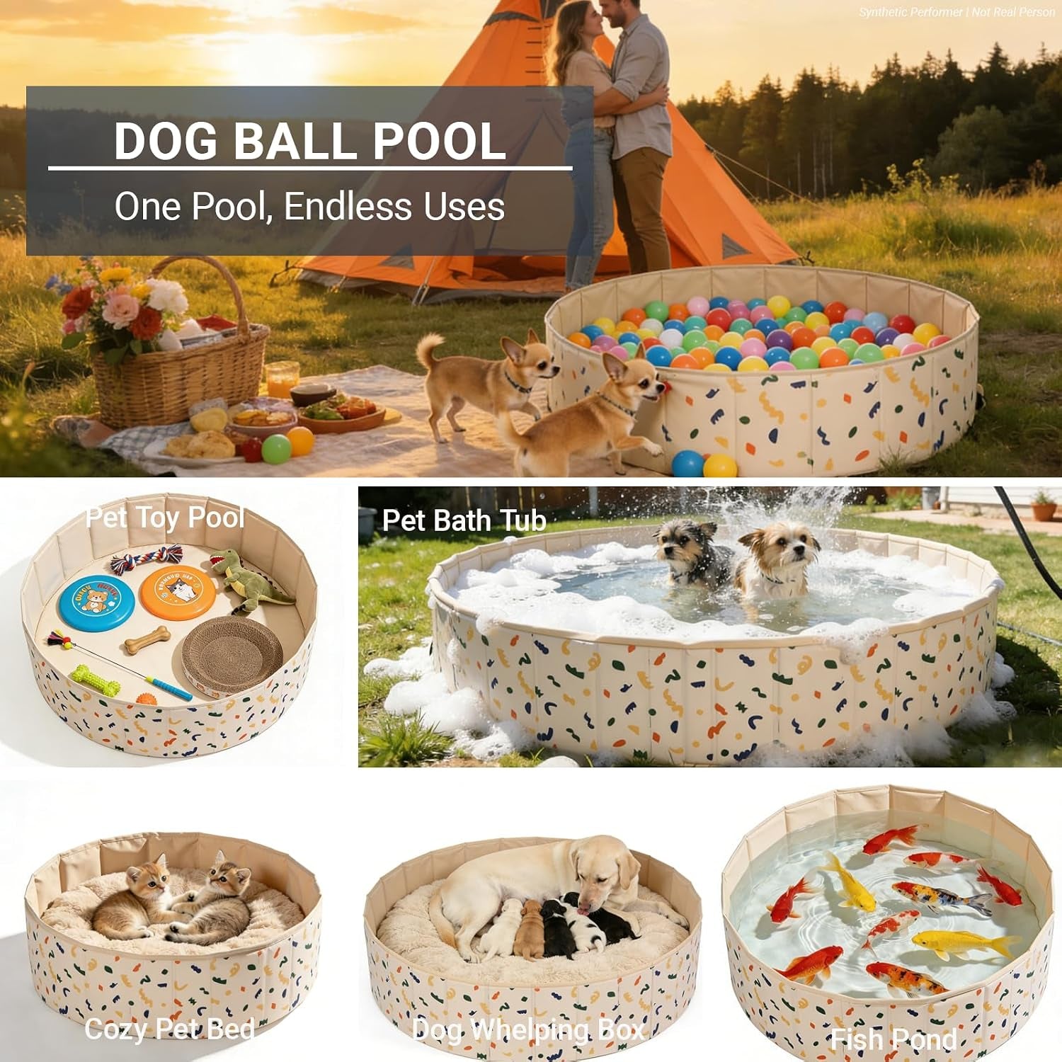 Foldable Dog Ball Pit with 64 Balls Included & Dog Pool, Portable Multifunctional Ball Pit for Dogs & Cats, Anti-Collapse Non-Slip Pet Play Pool (Beige S+64 Balls)