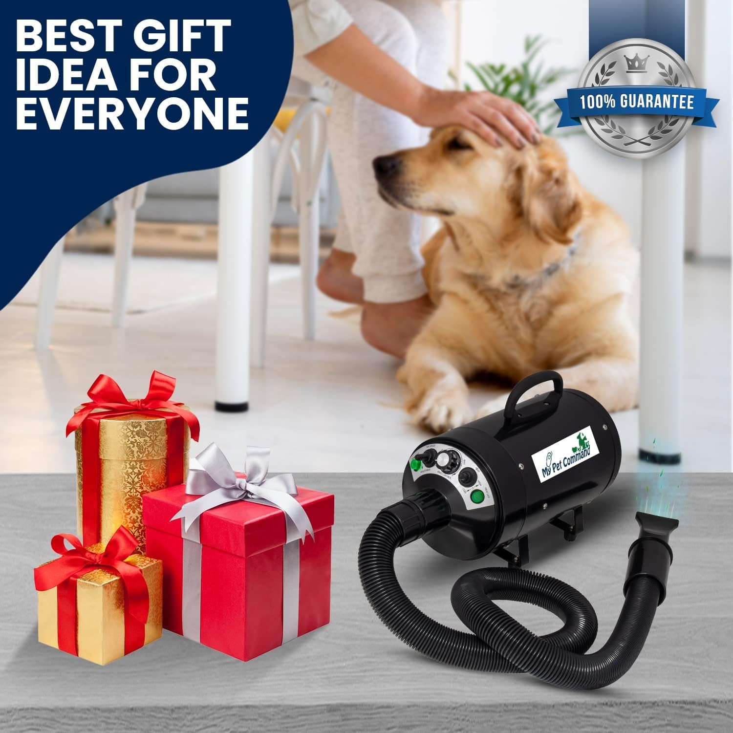 Professional 4.5HP Dog Dryer Blower High Velocity, 110V | 500W-2800W, Ultra Quiet, Adjustable Hot Cold Airflow and Windspeed , for Drying Deshedding, with 4 Nozzles and Slicker Brush