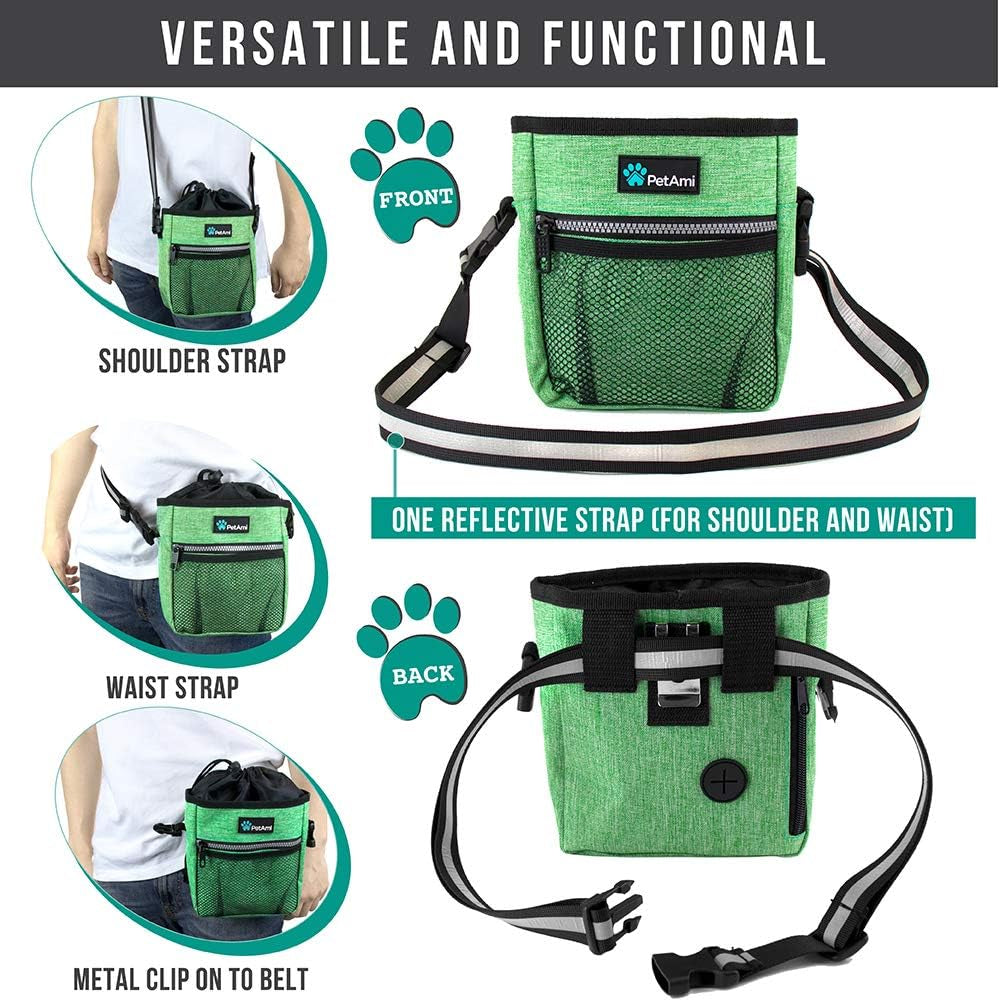Dog Treat Pouch, Pet Treat Pouch for Training, Dog Walking Bag Holder for Kibbles, Pet Food Toy, Dog Trainer Essentials Supplies, Poop Bag Dispenser, 3 Ways to Wear (Green)