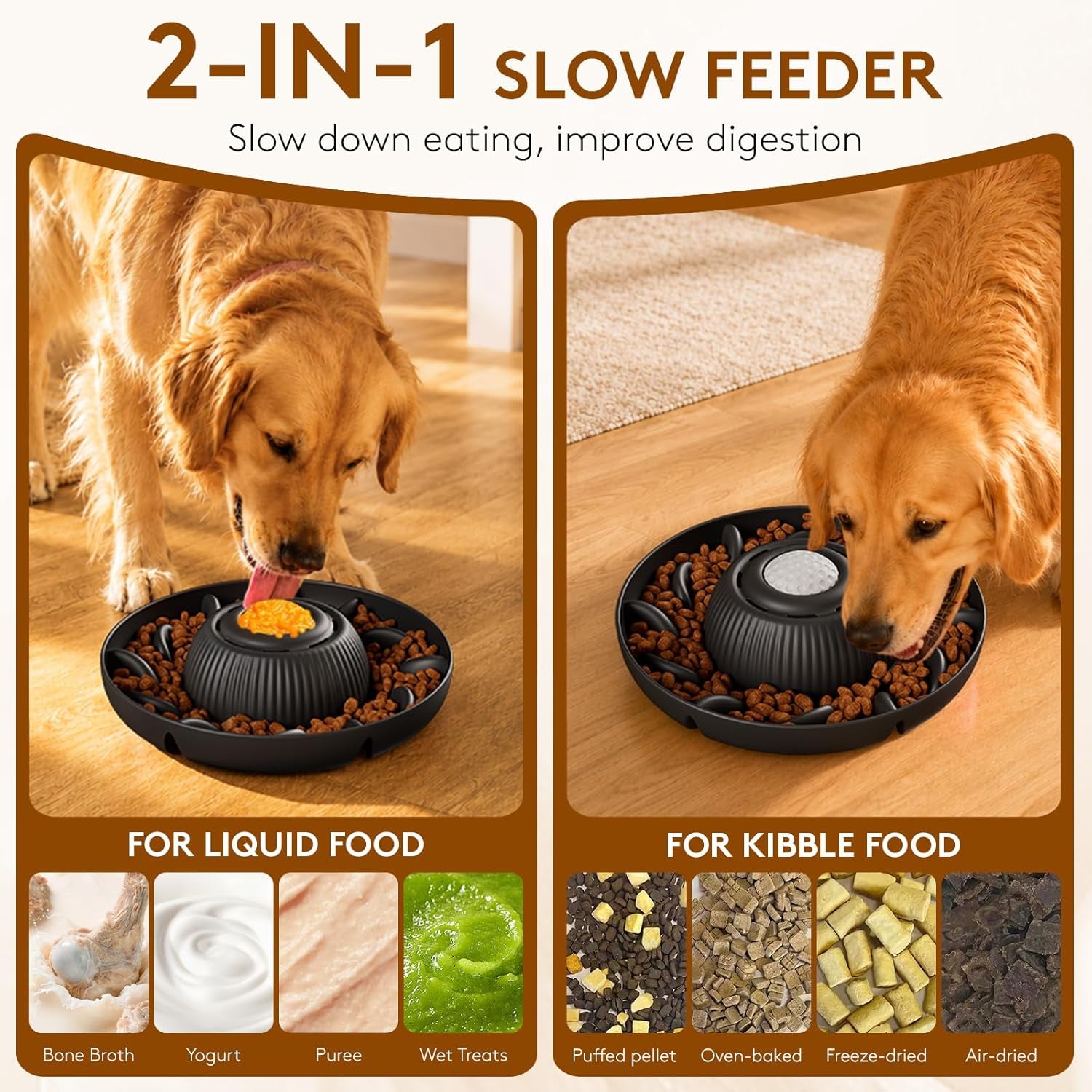 Slow Feeder Dog Bowls 2 in 1 Liquid Treat Dog Lick Mat Cat Bowl – anti Slip 5‑Cup Large Capacity Liquid and Kibble Food Treat Dispenser for Slowing down Eating for Large Medium Small Dogs (Black)