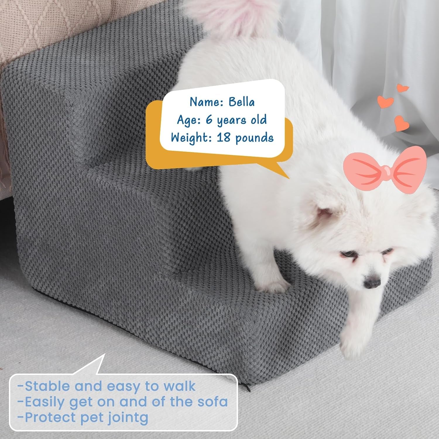 Dog Stairs for Small Dogs & Cats,3-Step Pet Steps for Couch & Bed | High-Density Foam Dog Steps with Anti-Slip Bottom,Easy for Puppies,Older Cats & Dogs to Reach Sofas & Chairs,Grey,13.6" H