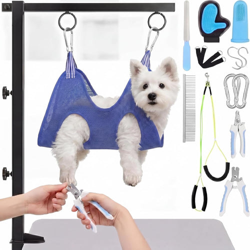 13 Pcs Adjustable Dog Grooming Arm with Clamps, Adjustable Height 27"-37", Pet Grooming Stand with Hammock and No-Sit Haunch Holders, Ideal Set for Small & Medium Dogs at Home or Salons