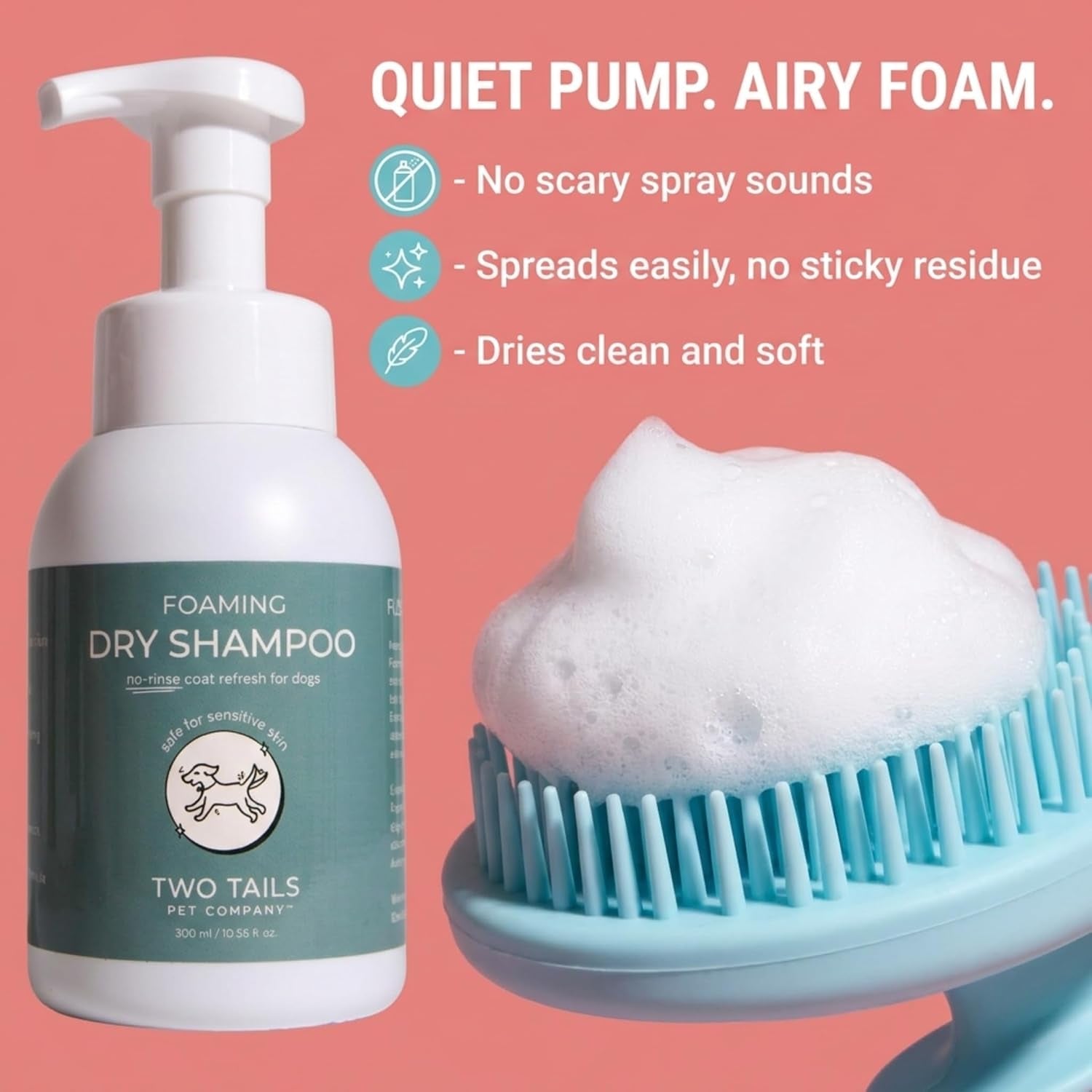 Two Tails Foaming Dry Dog Shampoo, Waterless No-Rinse, 10.55 FL OZ | Coat Refresher & Deodorizing Foam; Gentle for Sensitive Skin; No-Rinse Waterless Formula.