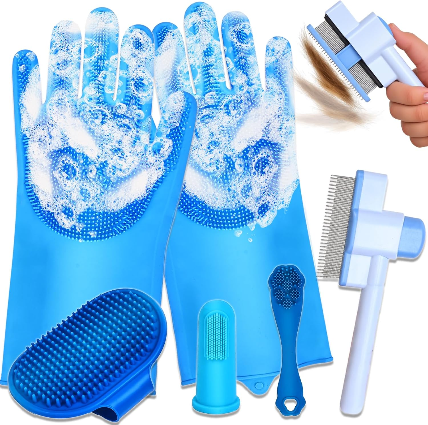 Set of blue cleaning gloves and tools including scrubber, brush, and comb on a white background.