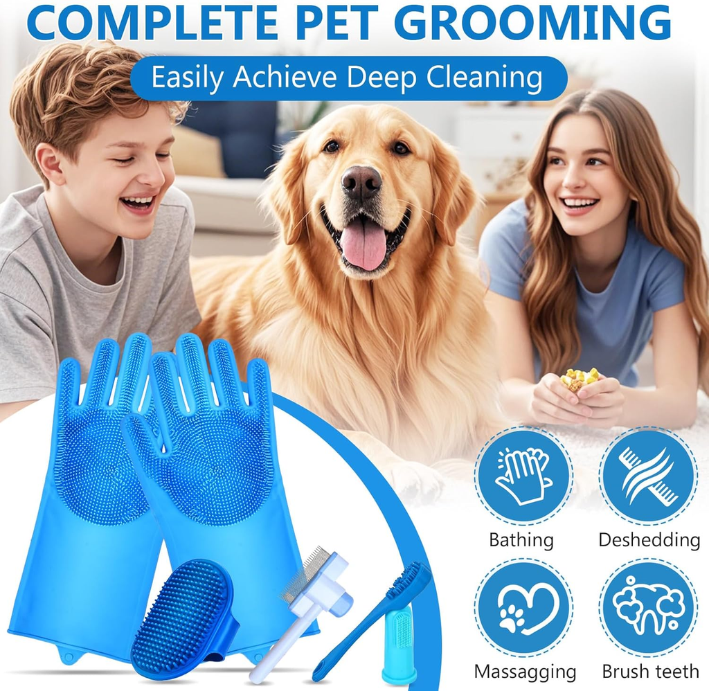 Pet grooming tools with a dog and two people on a couch, featuring text about deep cleaning.